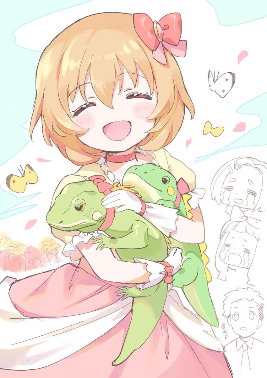 1boy, 3girls, bug, butterfly, chipochopo324, choker, cosplay, dress