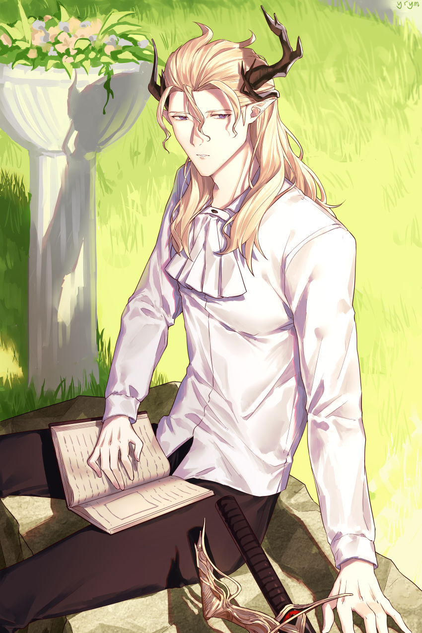 1boy, absurdres, arknights, black_pants, blonde_hair, book, grass, hair_between_eyes, half-closed_eyes, highres, horns, long_hair, long_sleeves, looking_at_viewer, male_focus, manfred_(arknights), open_book, pants, parted_lips, pointy_ears, signature, sitting, solo, sword, violet_eyes, weapon, yoruyume