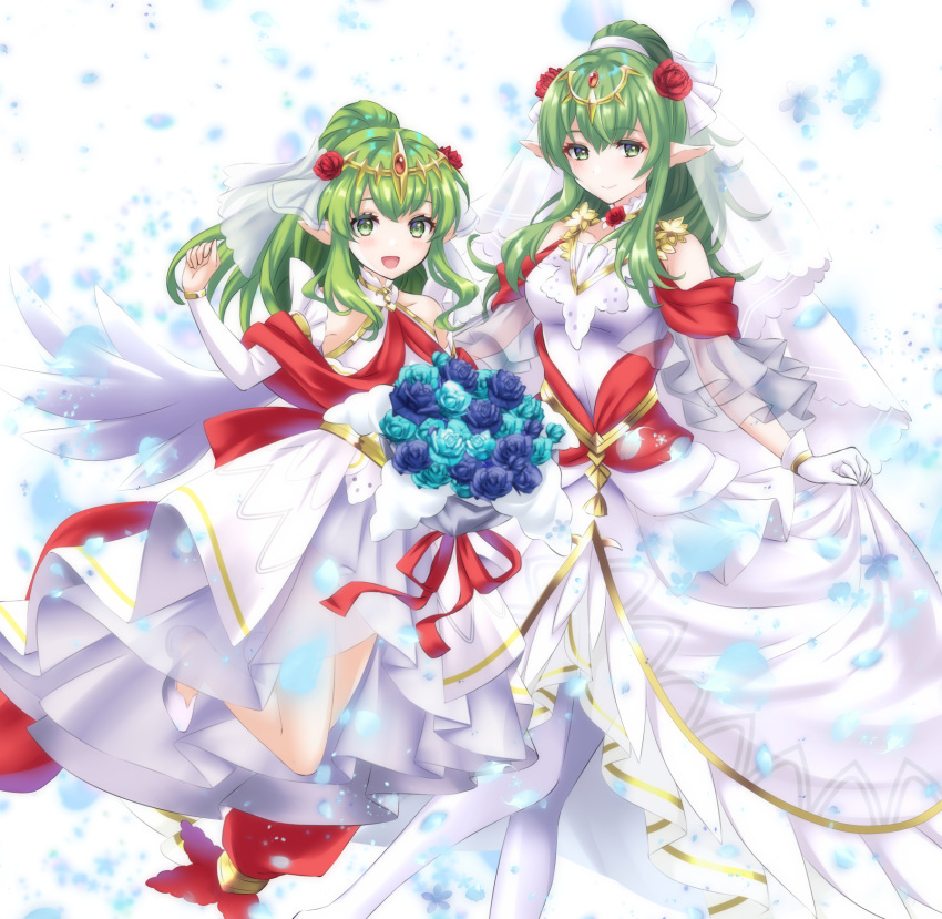 2girls, bare_shoulders, bouquet, bridal_veil, closed_mouth, commentary_request, detached_sleeves, dress