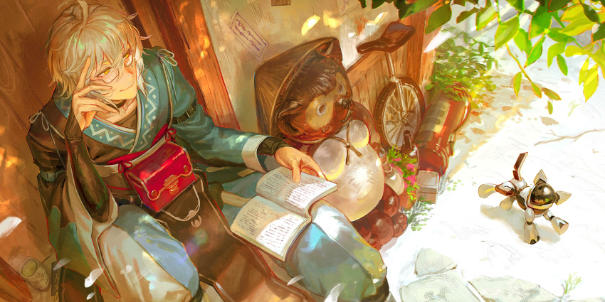 1boy, ahoge, black_kimono, blue_kimono, book, bottle, buckle, closed_mouth