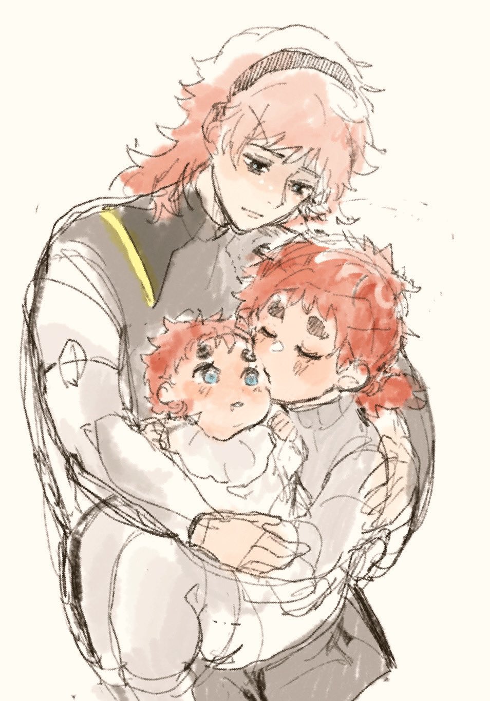 3girls, bags_under_eyes, black_hairband, blue_eyes, closed_eyes, elnora_samaya, ericht_samaya, gundam, gundam_suisei_no_majo, hairband, highres, holding_baby, kiss, kissing_cheek, kudanmouwasa, mother_and_daughter, multiple_girls, redhead, sad, short_hair, sitting, sitting_on_lap, sitting_on_person, suletta_mercury, thick_eyebrows, twintails, white_background