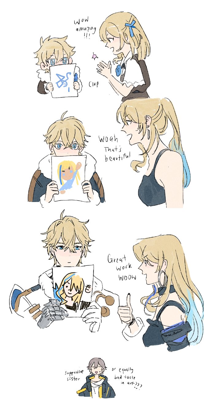 1girl, 2boys, age_difference, age_progression, alternate_hairstyle, blonde_hair, blue_eyes, brother_and_sister