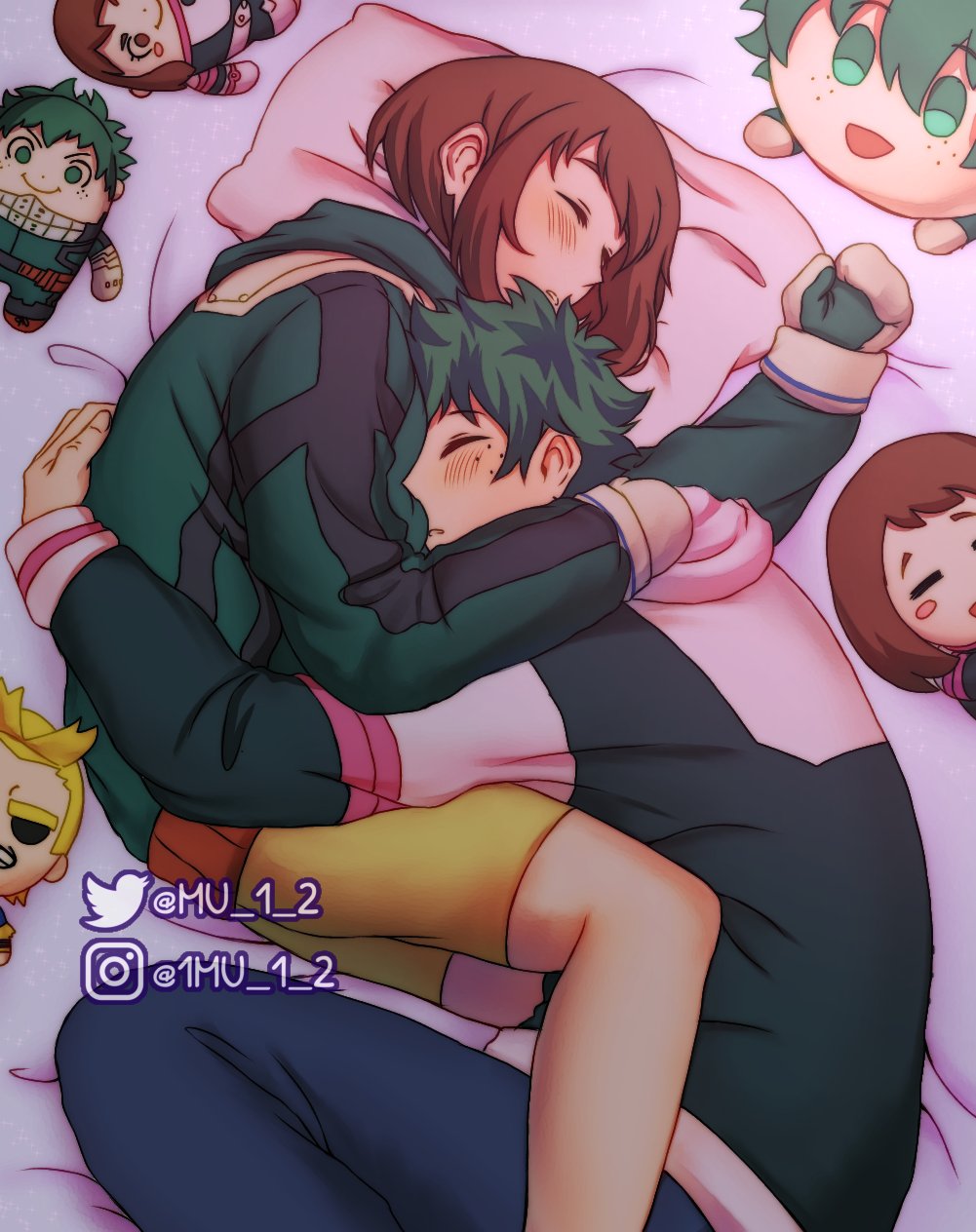 1boy, 1girl, bed, bed_sheet, blush, boku_no_hero_academia, brown_hair, closed_eyes, couple, freckles, gloves, green_hair, hetero, highres, hood, hoodie, hug, midoriya_izuku, mu_1_2, on_bed, pillow, short_hair, sleeping, stuffed_toy, twitter_logo, twitter_username, uraraka_ochako