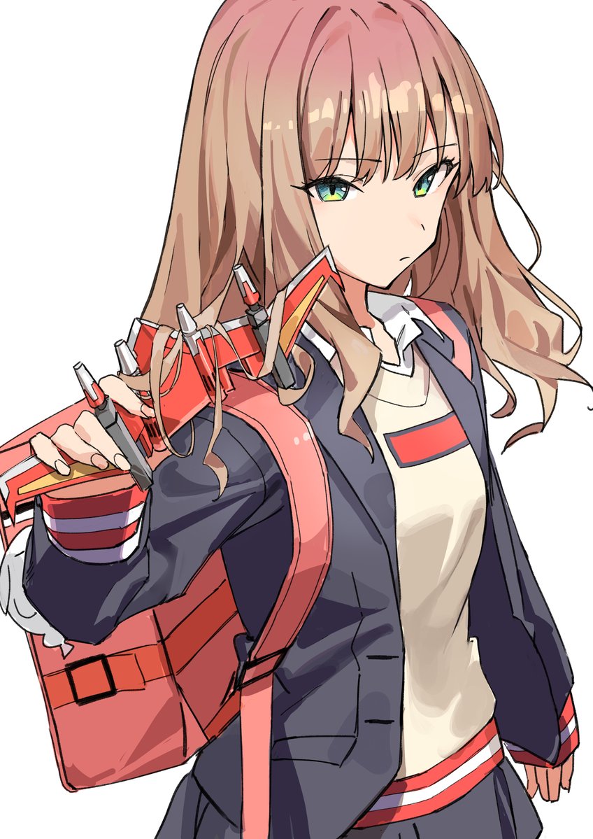 1girl, bag, black_skirt, blazer, breasts, brown_hair, dyna_wing, green_eyes