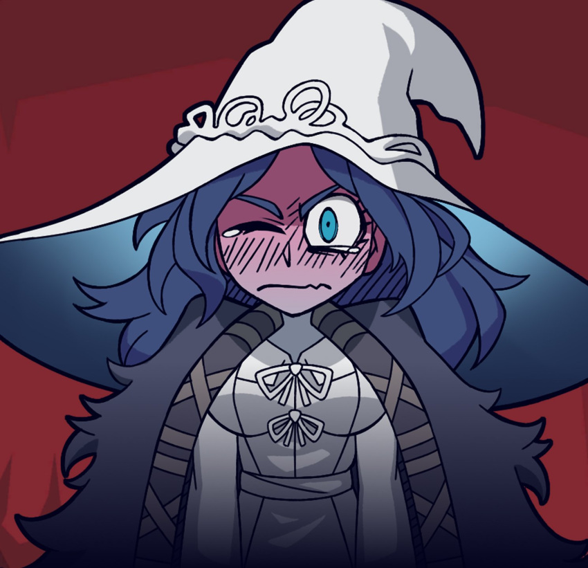 1girl, angry, blue_eyes, blue_hair, blush, breasts, cloak, commentary