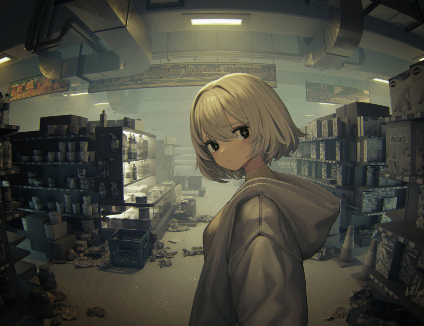 +_+, 1girl, absurdres, beer_crate, black_eyes, bottle, cereal_box, closed_mouth