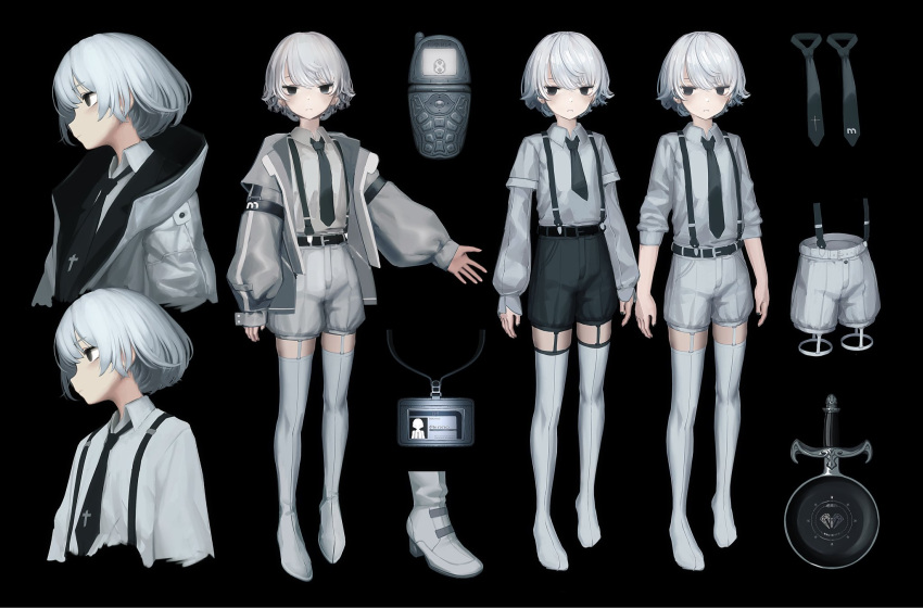 1girl, black_background, black_eyes, black_necktie, black_shorts, boots, cellphone, closed_mouth