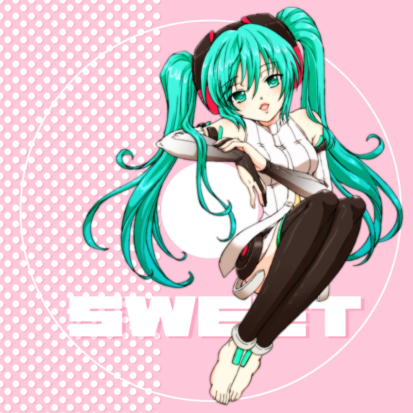 barefoot, bridal_gauntlets, green_eyes, green_hair, hatsune_miku, hatsune_miku_(append), highres, hinakawa_hiyoko