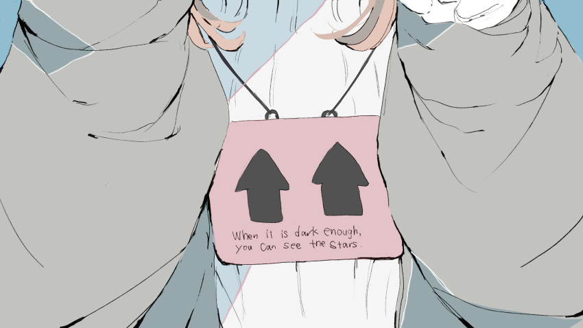 1girl, arrow_(symbol), baggy_clothes, brown_hair, commentary_request, english_text, facing_viewer, green_jacket