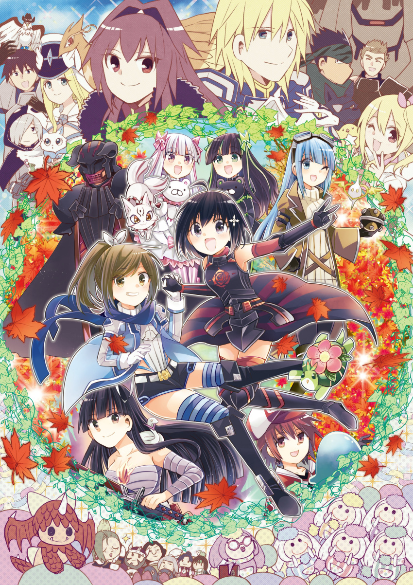 6+boys, 6+girls, :3, :d, absolutely_everyone, absurdres, ahoge, animal_on_shoulder, annotated, annotation_request, armor, armored_boots, armpits, bandana, bare_shoulders, bear, beard, bell_(bofuri), bird, bird_on_shoulder, black_armor, black_cape, black_eyes, black_footwear, black_gloves, black_hair, black_hairband, black_shorts, blonde_hair, blue_eyes, blue_jacket, blue_scarf, blue_thighhighs, blunt_bangs, bob_cut, boots, bow, bracer, breastplate, brown_coat, brown_eyes, brown_hair, brown_sweater, camouflage, camouflage_headwear, cape, cat, chameleon, character_request, chick, christmas_rose_(bofuri), clear_(bofuri), closed_eyes, closed_mouth, coat, collarbone, commentary, dorazou_(bofuri), dragon, dread_(bofuri), earth_(bofuri), elbow_gloves, everyone, eyepatch, facial_hair, fake_horns, falling_leaves, fay_(bofuri), floating_clothes, flower, fox, frederica_(bofuri), full_body, game_players, ghost, glasses, gloves, goggles, goggles_on_head, green_bandana, green_bow, green_eyes, green_hair, green_headband, grin, hair_between_eyes, hair_bow, hair_over_one_eye, hair_ribbon, hairband, haku_(bofuri), headband, helmet, highleg, highleg_leotard, highres, holding, holding_sword, holding_weapon, hood, hood_up, horned_helmet, horns, ignis_(bofuri), itai_no_wa_iya_nano_de_bougyoryoku_ni_kyokufuri_shitai_to_omoimasu, iz_(bofuri), jacket, jumping, kanade_(bofuri), kasumi_(bofuri), katana, knee_boots, kuromu_(bofuri), leaf, leotard, long_coat, long_hair, maple_(bofuri), maple_leaf, markus_(bofuri), may_(bofuri), mii_(bofuri), misery_(bofuri), multicolored_hair, multiple_boys, multiple_girls, notes_(bofuri), oboro_(bofuri), official_art, oimoto_jirou, one_eye_closed, opaque_glasses, open_mouth, paper_chain, payne_(bofuri), pink-framed_eyewear, pink_bow, pink_flower, pink_hair, plant, polka_dot, polka_dot_background, ponytail, promotional_art, rabbit, ray_(bofuri), red_gloves, redhead, ribbed_sweater, ribbon, robot, sally_(bofuri), sarashi, scabbard, scarf, shadow_(bofuri), sheath, short_hair, short_shorts, shorts, shuriken_hair_ornament, side_ponytail, sidelocks, single_horn, sleeveless, slime_(creature), smile, snake, solid_circle_eyes, sou_(bofuri), sparkle, spiky_hair, streaked_hair, striped, striped_thighhighs, suzune_yuuji, sweater, swept_bangs, sword, syrup_(bofuri), thigh-highs, thigh_boots, tsukimi_(bofuri), turtle, turtleneck, turtleneck_sweater, two-tone_cape, v, very_long_hair, vines, weapon, wen_(bofuri), white_armor, white_cape, white_gloves, white_hair, white_jacket, white_leotard, white_ribbon, white_snake, wide_sleeves, wolf, yui_(bofuri), yukimi_(bofuri), zettai_ryouiki