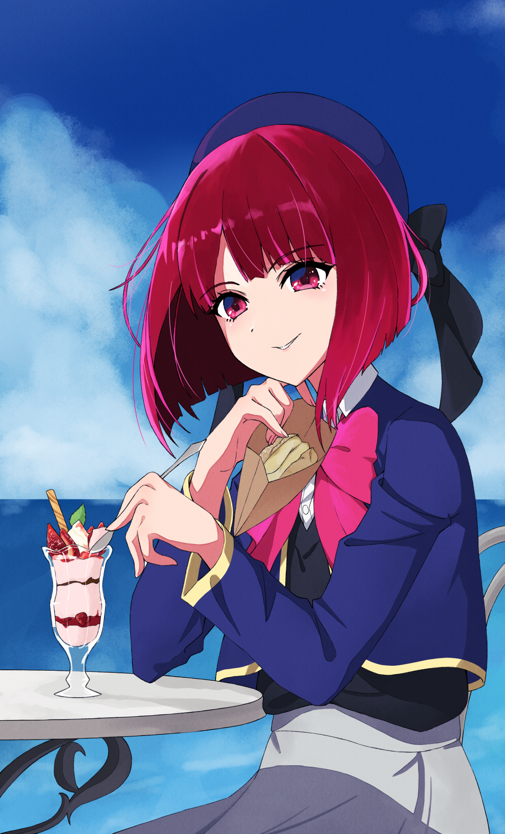 1girl, arima_kana, beret, black_bow, black_vest, blue_headwear, blue_jacket, bob_cut