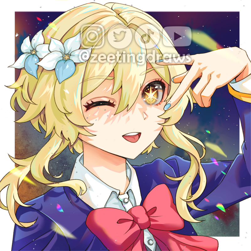1girl, blonde_hair, blue_jacket, blue_nails, border, bow, bowtie, chromatic_aberration