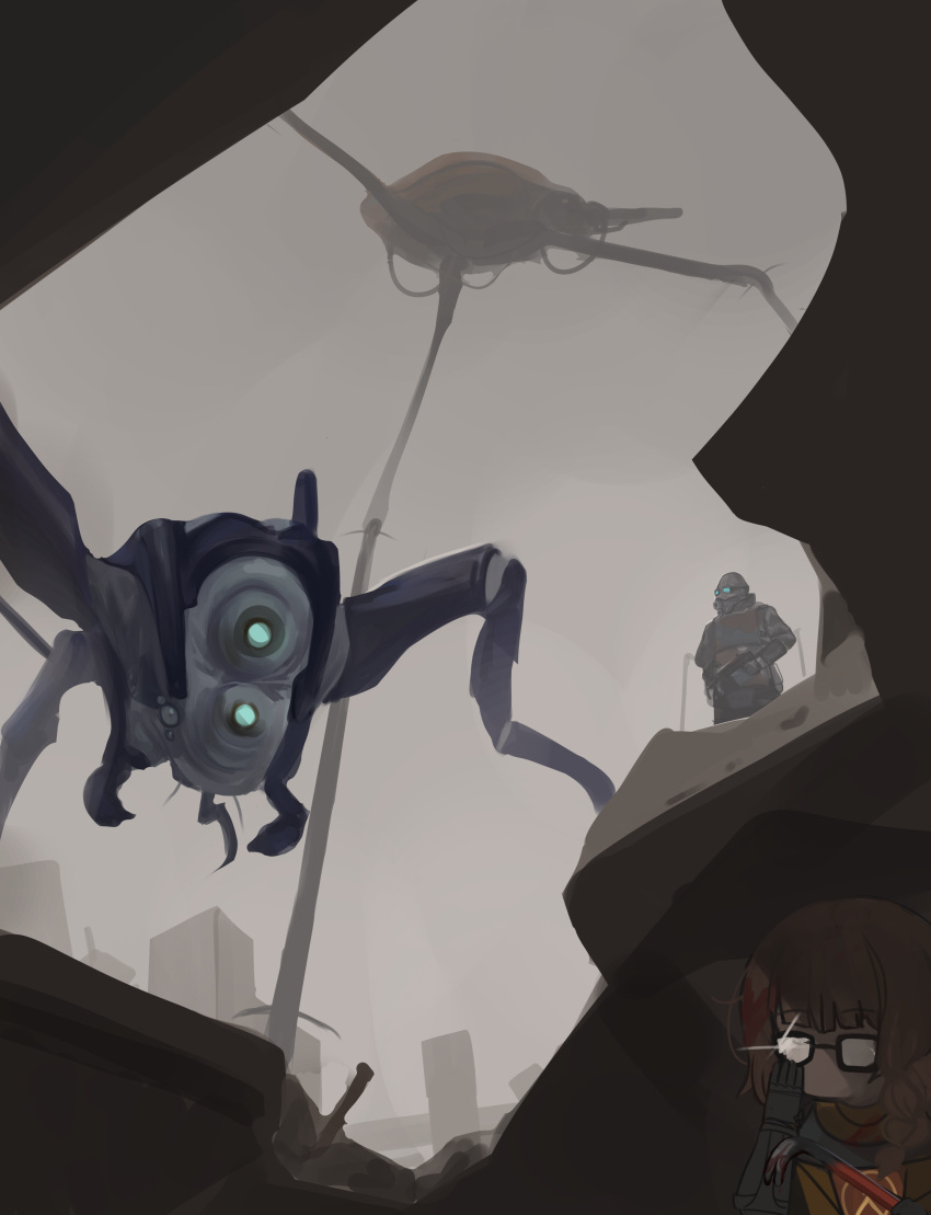 1boy, 1girl, absurdres, adjusting_eyewear, alien, armor, black-framed_eyewear, blunt_bangs, braid, brown_hair, cannon, combine, combine_soldier, commentary_request, dokomon, fog, genderswap, genderswap_(mtf), glasses, glint, gordon_freeman, grey_sky, gun, half-life_(series), half-life_2, hev_suit, hiding, highres, holding, holding_crowbar, holding_gun, holding_weapon, hunter_(half_life), korean_commentary, long_hair, medium_bangs, opaque_glasses, orange_armor, original, outdoors, rubble, ruins, side_braid, sky, strider, upper_body, weapon