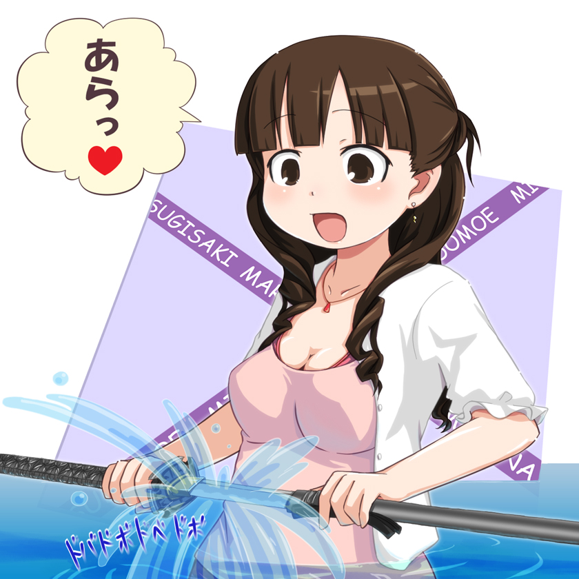 brown_eyes, brown_hair, cleavage, earrings, jewelry, katana, kurabayashi_aya, long_hair