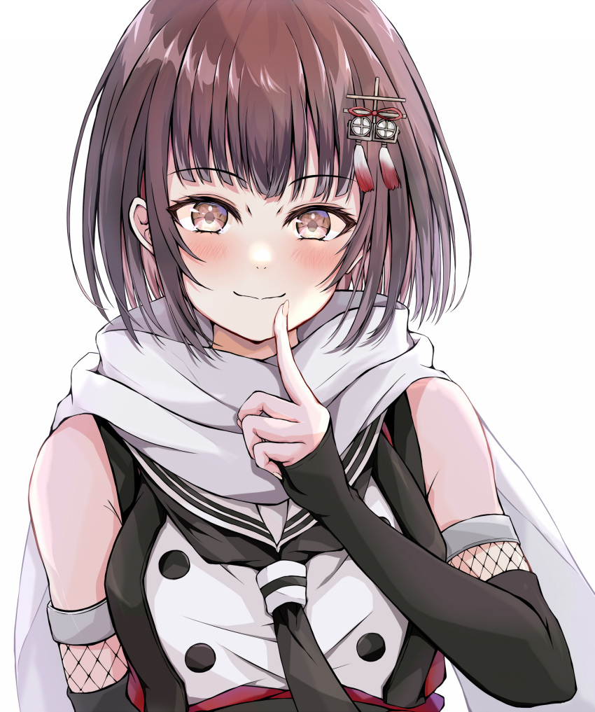 1girl, black_gloves, black_neckerchief, blush, brown_eyes, brown_hair, closed_mouth, dairyo3