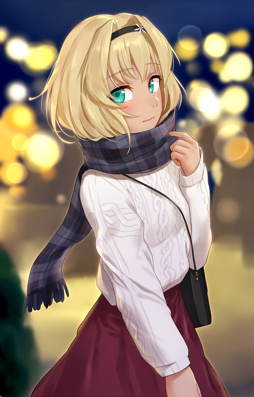 1girl, bag, blonde_hair, cable_knit, carrying_bag, chatan_nakiri_(tenka_hyakken), city_lights, closed_mouth