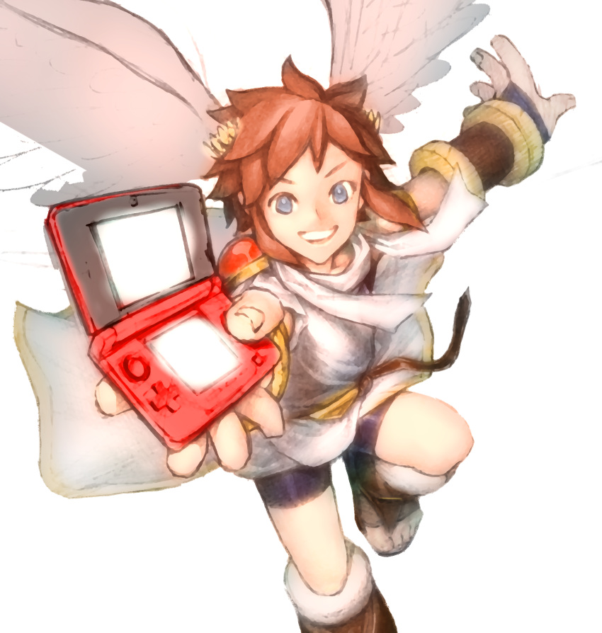 1boy, angel, angel_wings, blue_eyes, e3, highres, kid_icarus, male, nintendo, nintendo_3ds, pit, product_placement, redhead, short_hair, wings