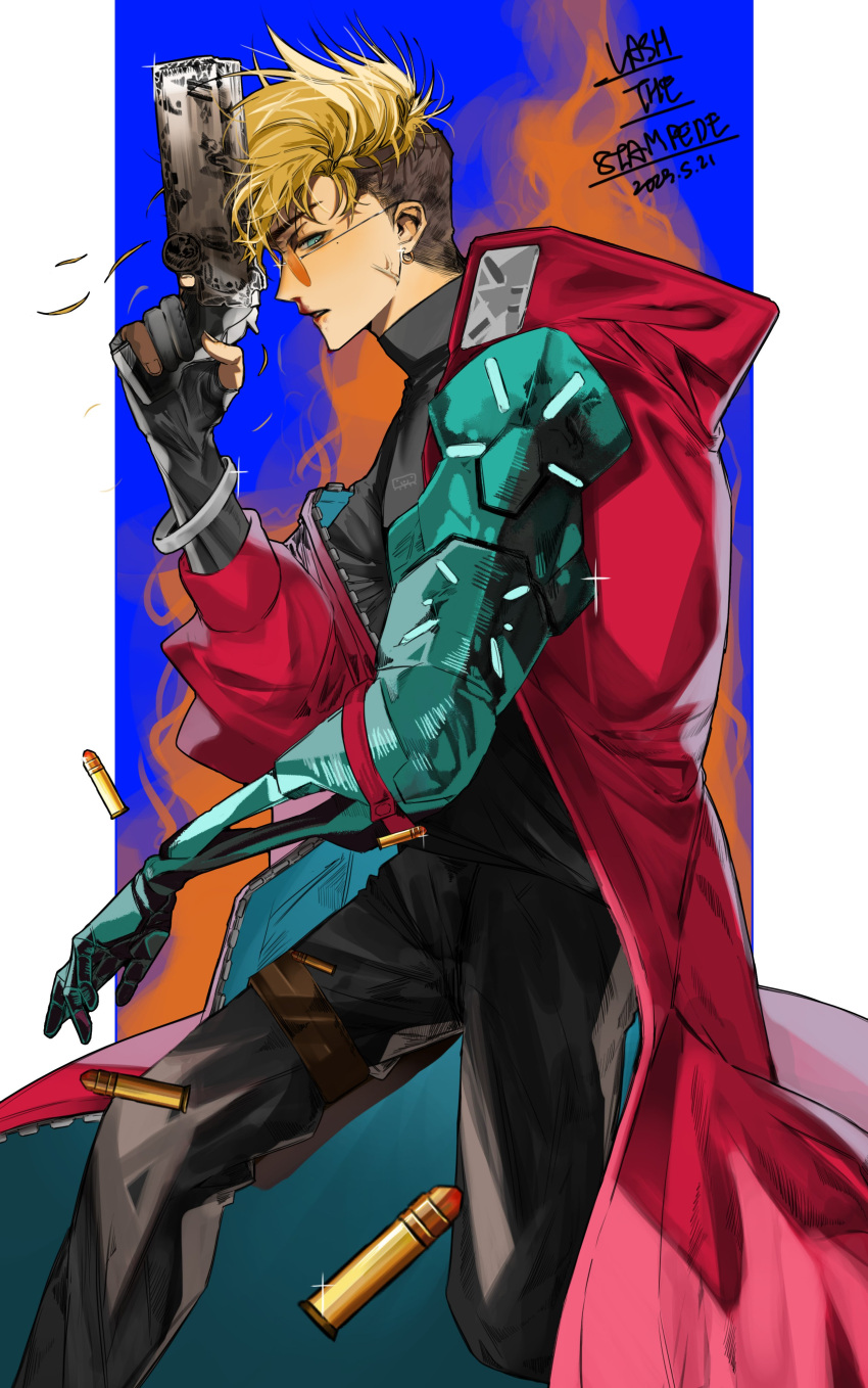 1boy, absurdres, black_gloves, black_hair, black_pants, black_shirt, blonde_hair, blue_eyes