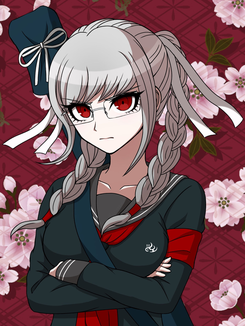 1girl, arms_under_breasts, black_shirt, braid, breasts, collarbone, crossed_arms, danganronpa_(series)