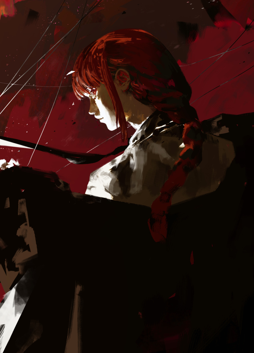1girl, absurdres, black_jacket, black_necktie, chainsaw_man, collared_shirt, floating_necktie, formal