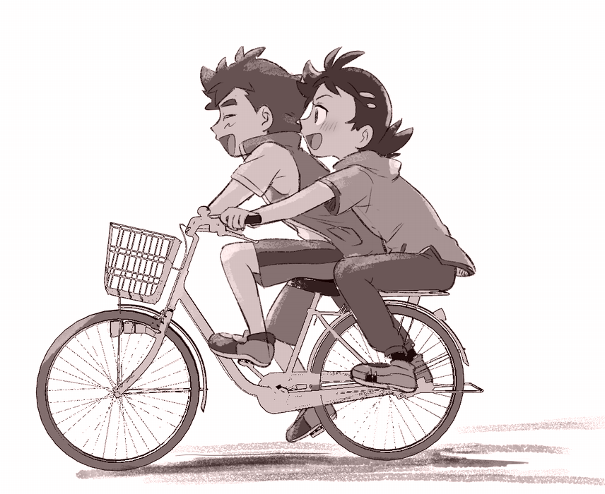 2boys, :d, antenna_hair, ash_ketchum, bicycle, bicycle_basket, blush, commentary_request