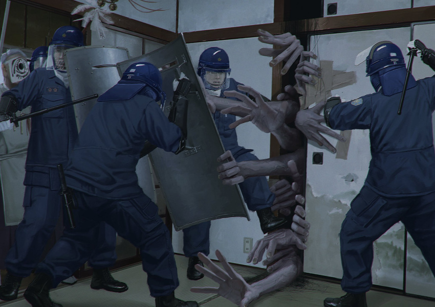 131_nngo, 6+boys, ballistic_shield, baton_(weapon), battle, boots, commentary_request, helmet, highres, holding, holding_shield, holding_weapon, horror_(theme), indoors, large_hands, monster, multiple_boys, original, police, police_uniform, realistic, shield, sliding_doors, tatami, too_many_hands, uniform, weapon
