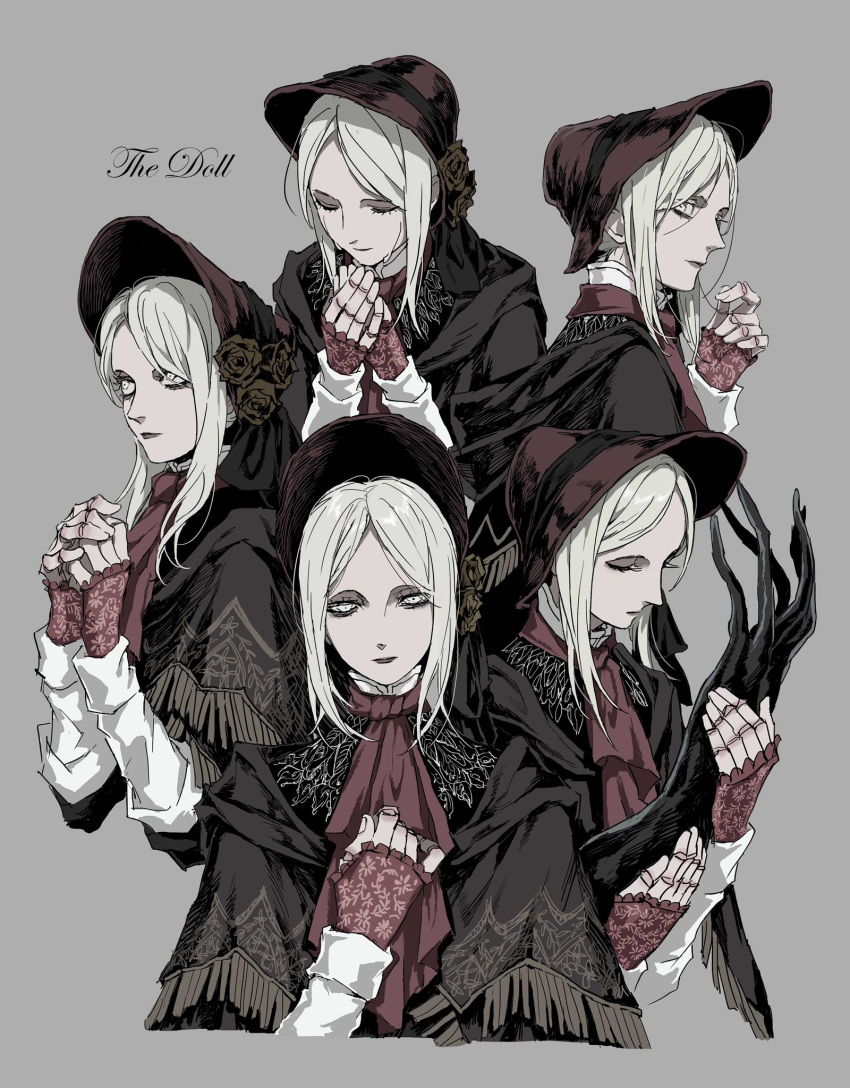 1girl, ascot, bloodborne, bonnet, character_name, cloak, closed_eyes, cropped_torso