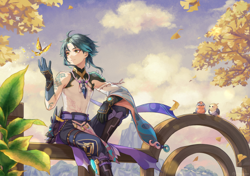 1boy, ahoge, aqua_hair, arm_tattoo, armor, belt, bird, black_footwear