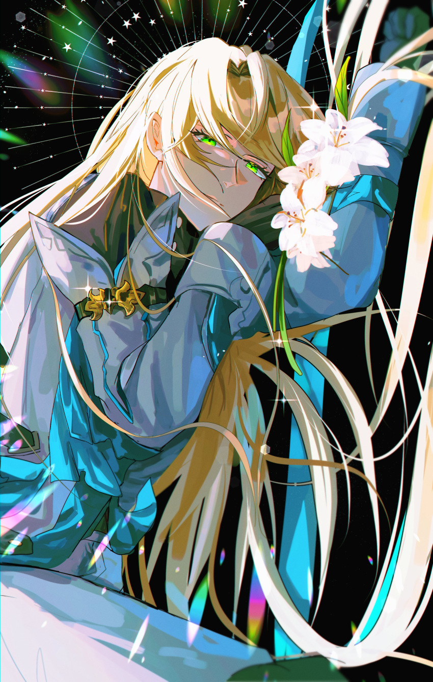1boy, absurdres, black_background, black_gloves, black_shirt, blonde_hair, closed_mouth, coat, cowboy_shot, expressionless, fdrc, flower, gloves, green_eyes, hair_intakes, highres, honkai:_star_rail, honkai_(series), leaf, lily_(flower), long_hair, long_sleeves, looking_at_viewer, luocha_(honkai:_star_rail), lying, male_focus, on_side, pants, shirt, sideways, sleeve_garter, solo, star_(symbol), sunburst, swept_bangs, upper_body, white_coat, white_flower, white_lily, white_pants