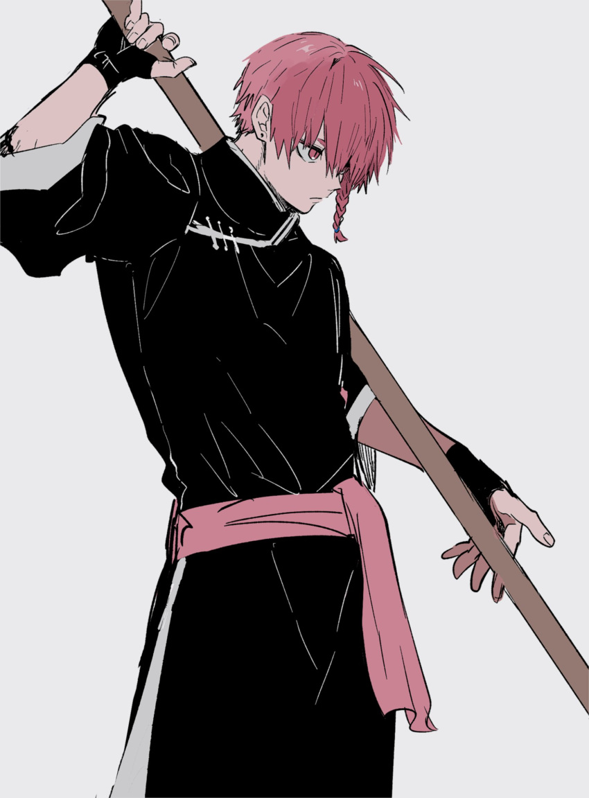 1boy, arm_up, belt, black_gloves, black_pants, black_shirt, blue_lock, braid