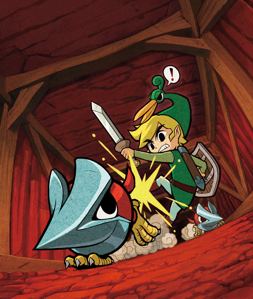 !, belt, blonde_hair, brown_belt, ezlo, green_headwear, green_tunic, helmasaur