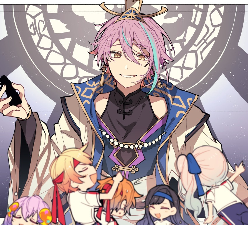1boy, 1other, 2girls, absurdres, akiyama_mizuki, black_hair, black_shirt, blue_headband, blue_ribbon, blue_vest, closed_eyes, earrings, gem, hair_ribbon, hakunetsu!_kamikou_ouendan!_(project_sekai), headband, highres, hoshi-toge, jacket, jewelry, kamishiro_rui, long_hair, long_sleeves, megurine_luka, multicolored_hair, multiple_girls, open_mouth, orange_hair, pearl_(gemstone), project_sekai, red_headband, ribbon, shinonome_akito, shiraishi_an, shirt, side_ponytail, smile, streaked_hair, tassel, tassel_earrings, tenma_tsukasa, upper_body, vest, vocaloid, white_jacket, wide_sleeves, wonderlands_x_showtime_luka, yellow_eyes