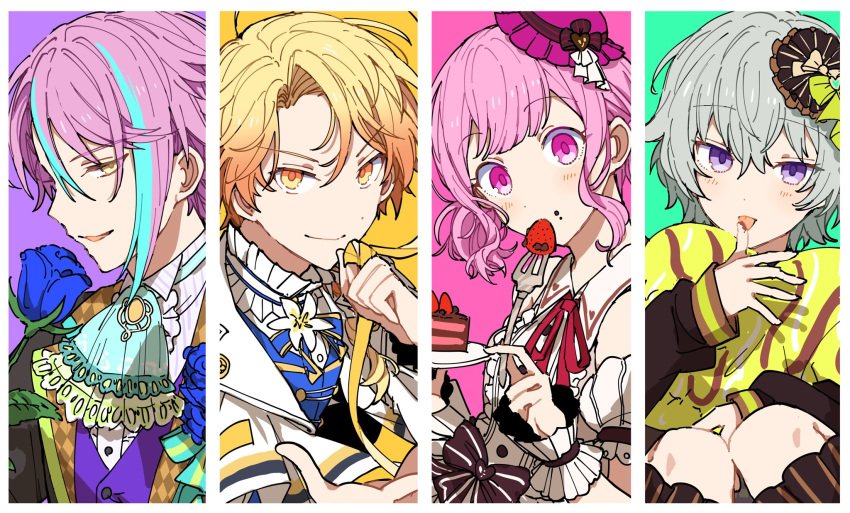 2boys, 2girls, ascot, blonde_hair, blue_ascot, blue_flower, blue_rose, blush