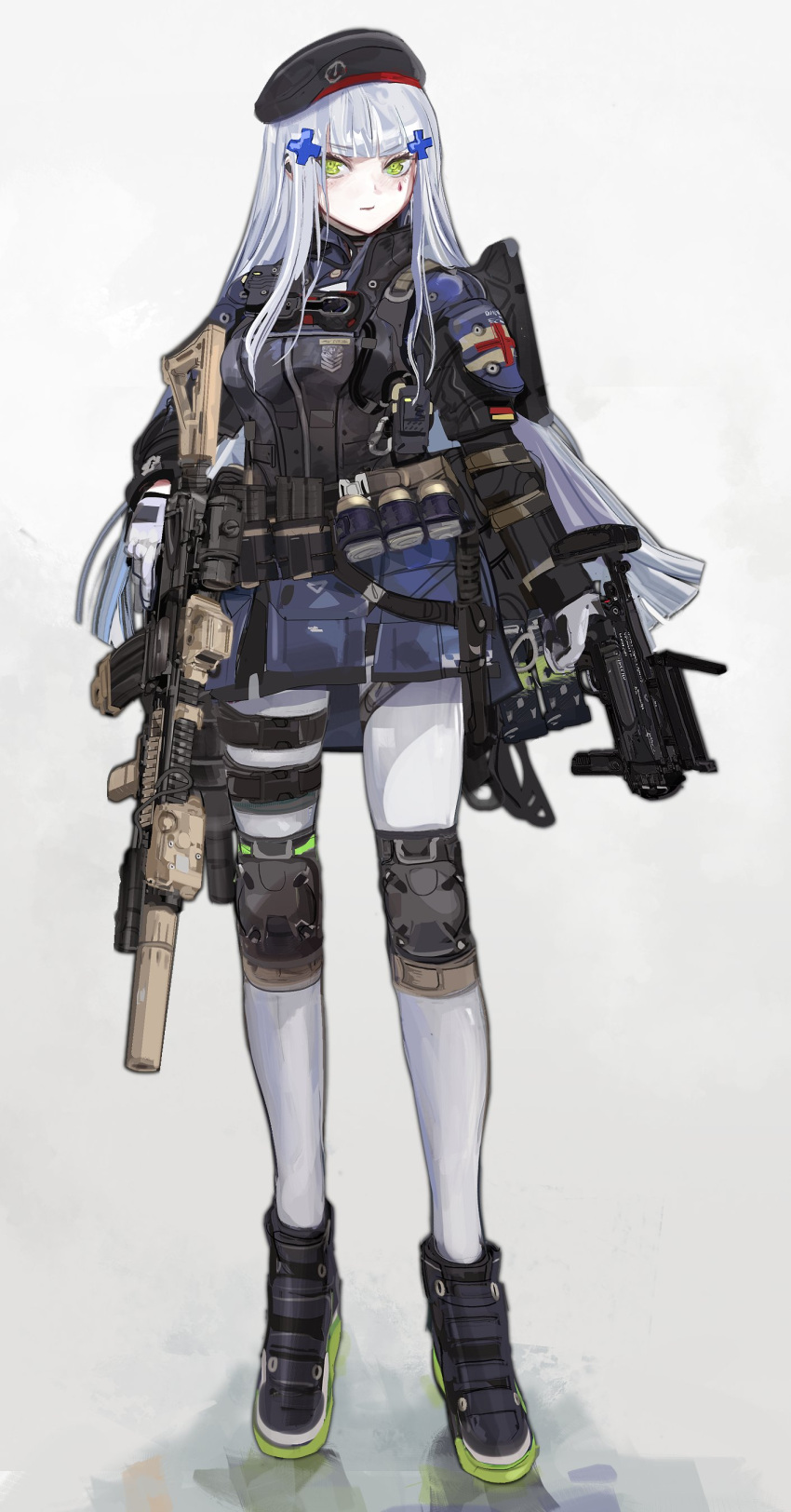 1girl, absurdres, assault_rifle, beret, black_headwear, blue_hair, full_body, girls_frontline