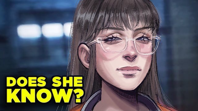 1girl, ?, batman_(series), blunt_bangs, blurry, blurry_background, brown_hair, character_request, dc_comics, does_he_know?_(meme), edward_nygma, english_text, glasses, gwenervi, jumpsuit, long_hair, looking_at_viewer, meme, orange_jumpsuit, see-through_glasses, smug, squinting, the_batman_(2022), the_riddler, violet_eyes, yellow_text