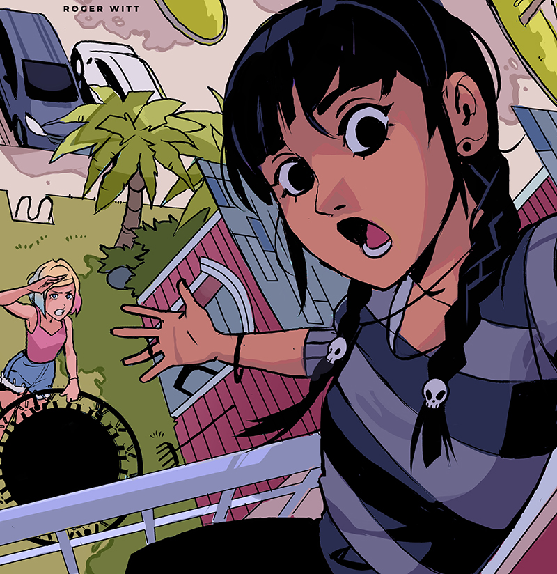2girls, addams_family, artist_name, black_hair, braid, car, enid_sinclair, grass