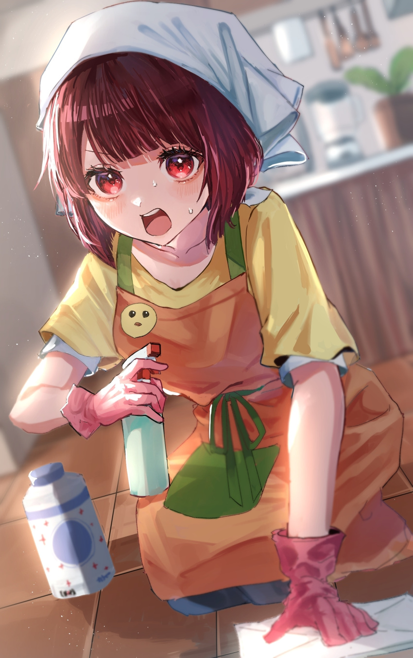1girl, absurdres, apron, arima_kana, baking_soda, bandana, blurry, blurry_background