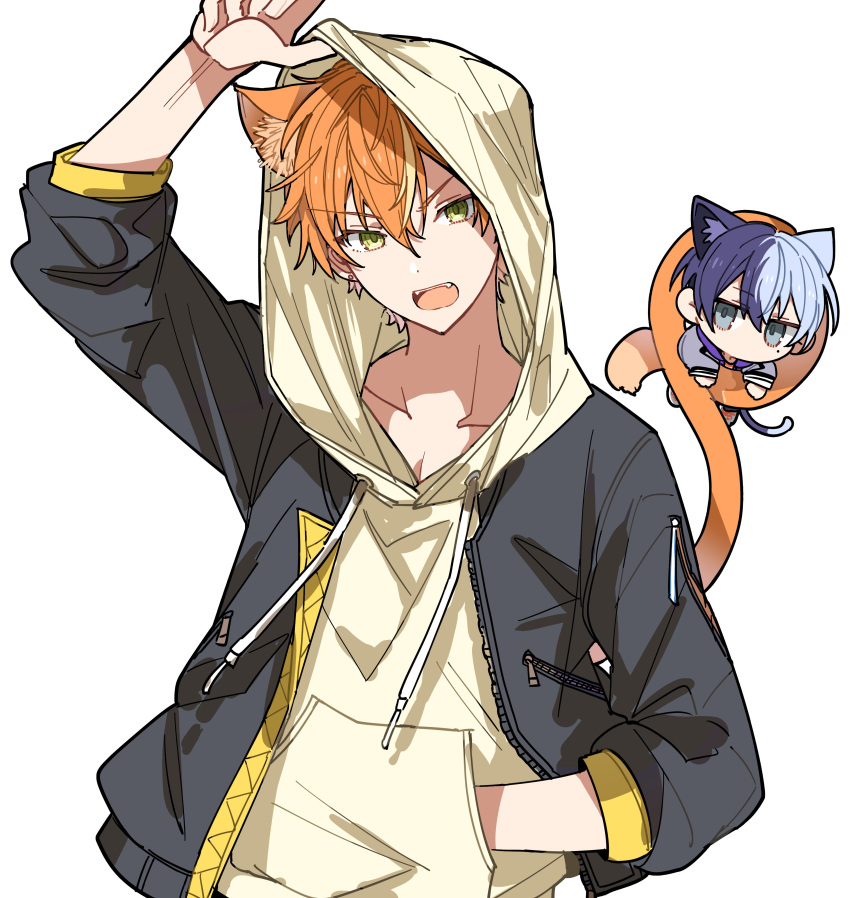 2boys, absurdres, animal_ears, aoyagi_touya, black_jacket, blue_hair, cat_ears, cat_tail