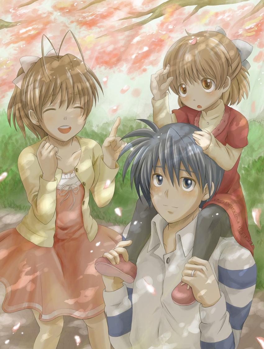 blue_eyes, blue_hair, brown_eyes, brown_hair, carrying, cherry_blossoms, clannad, family