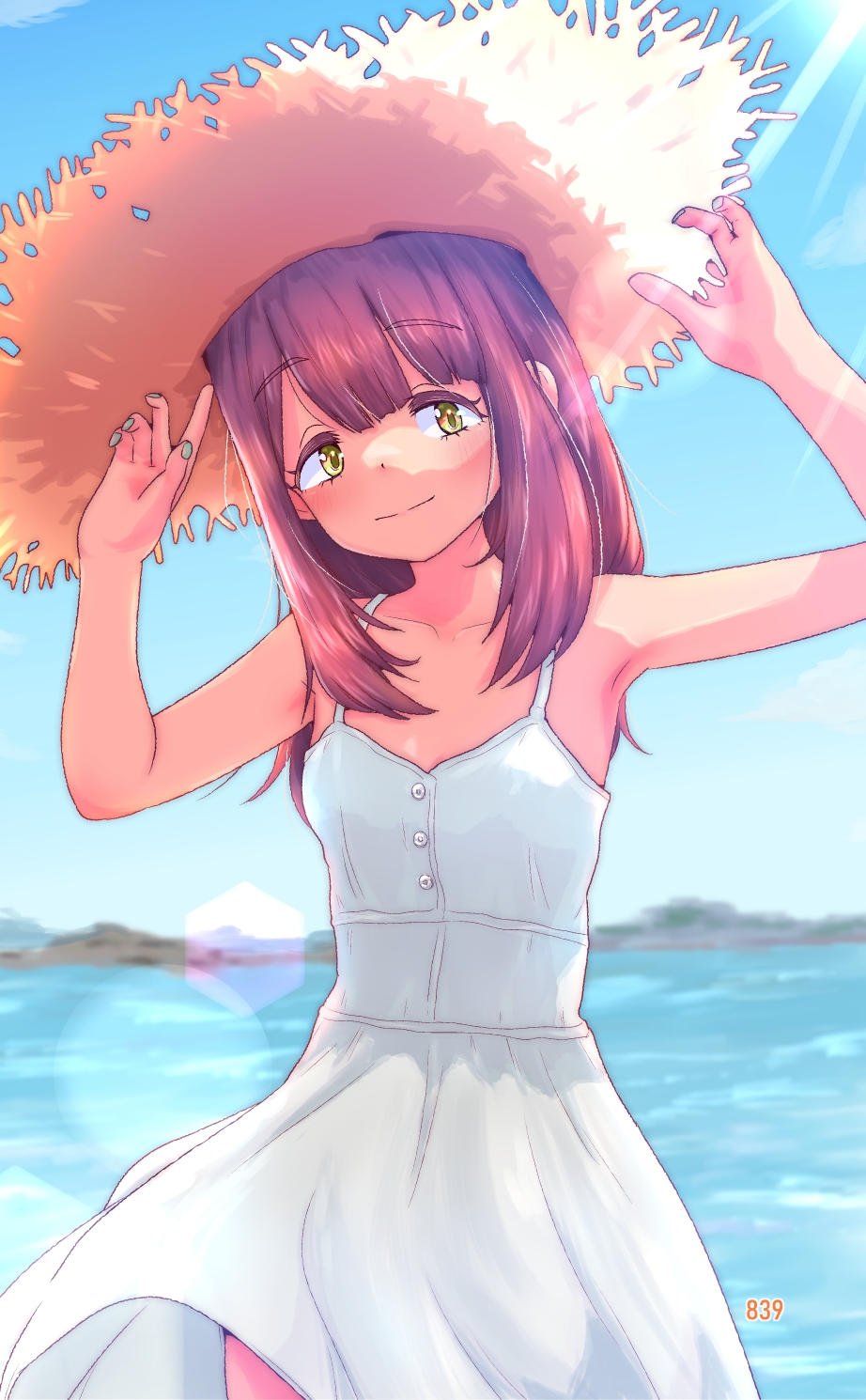 1girl, armpits, brown_hair, day, dress, green_eyes, hat, highres