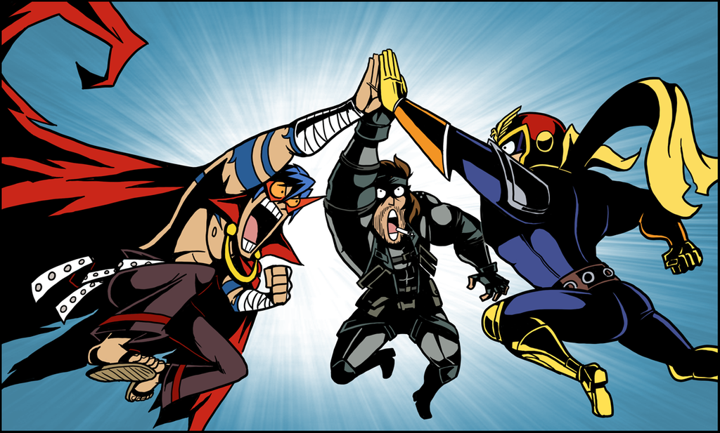 beard, cape, captain_falcon, captainosaka, cigarette, crossover, epic, f-zero, facial_hair, headband, helmet, high_five, highfive, kamina, kamina_shades, manly, metal_gear, metal_gear_solid, multiple_boys, nintendo, pouch, scarf, solid_snake, sunglasses, tattoo, tengen_toppa_gurren_lagann