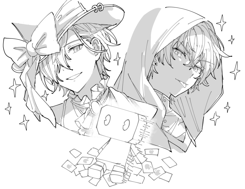 2boys, absurdres, ascot, avatar_(project_sekai), bow, brooch, commentary, earrings, greyscale, hat, hat_bow, highres, hood, hood_up, hoshi-toge, itunes_card, jewelry, kamishiro_rui, kono_matsuri_ni_yuuyami_iro_mo_(project_sekai), looking_at_viewer, male_focus, monochrome, multiple_boys, parted_lips, portrait, project_sekai, shinonome_akito, simple_background, smile, sparkle, top_hat