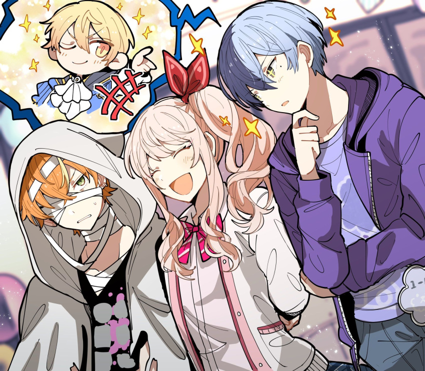1other, 3boys, akiyama_mizuki, aoyagi_touya, bandage_over_one_eye, bandaged_head, bandaged_neck, bandages