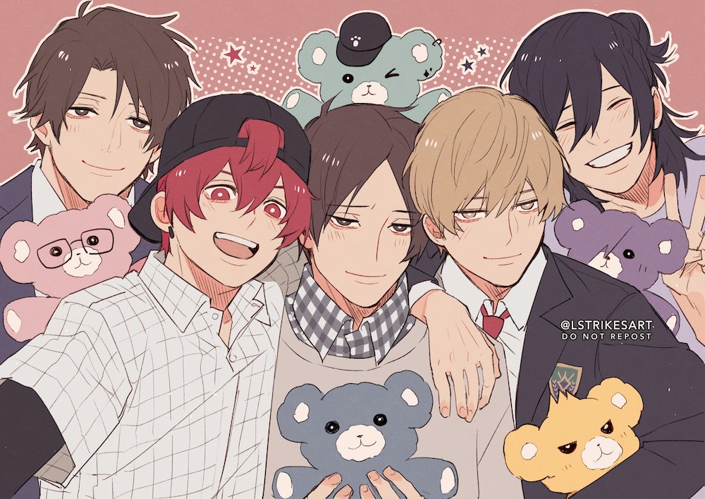 5boys, baseball_cap, black_hair, blonde_hair, brown_eyes, brown_hair, buttons, closed_eyes