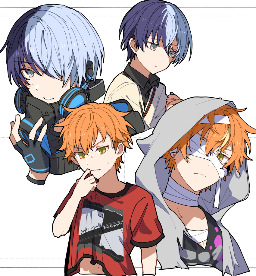 2boys, absurdres, aoyagi_touya, bandaged_head, bandaged_neck, bandages, black_gloves, black_shirt
