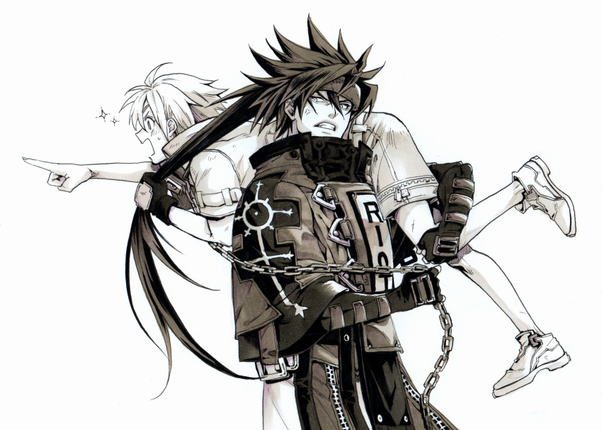 2boys, absurdres, aged_down, anger_vein, fingerless_gloves, forehead_protector, gloves, grandfather_and_grandson