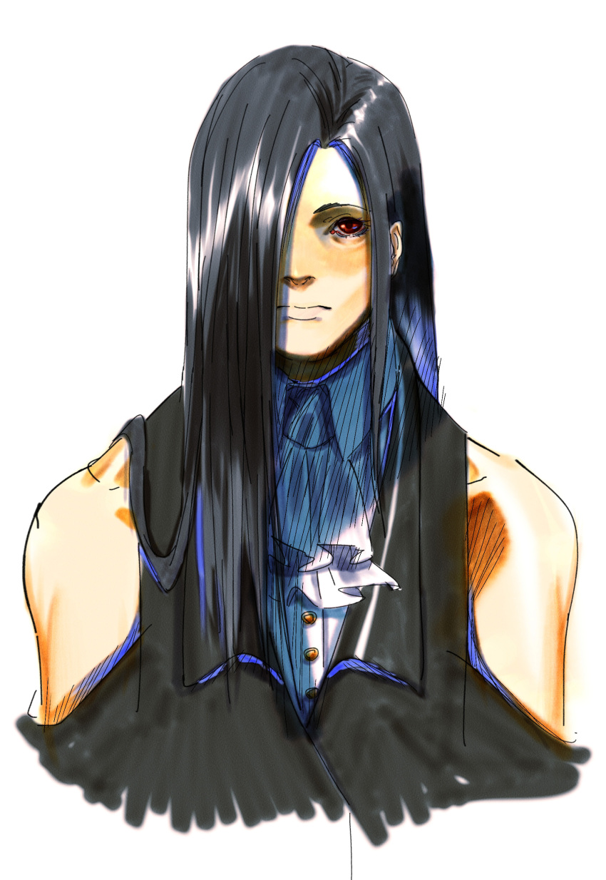 1other, absurdres, androgynous, ascot, bare_shoulders, black_hair, guilty_gear, guilty_gear_strive, highres, ishiwatari_daisuke_(style), long_hair, looking_at_viewer, male_focus, other_focus, red_eyes, storyteller777, testament_(guilty_gear), white_ascot