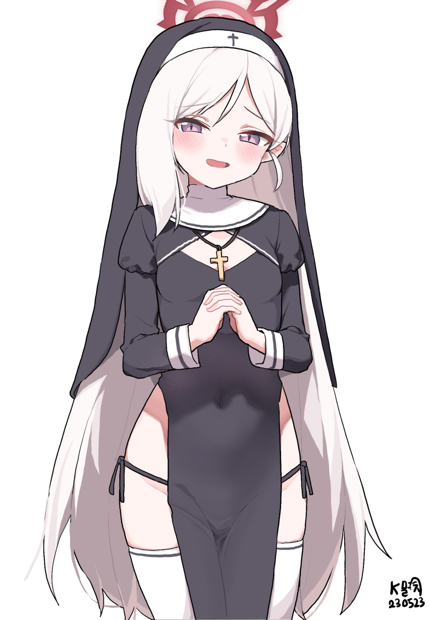 1girl, alternate_costume, blue_archive, blush, covered_navel, cross, dated, habit