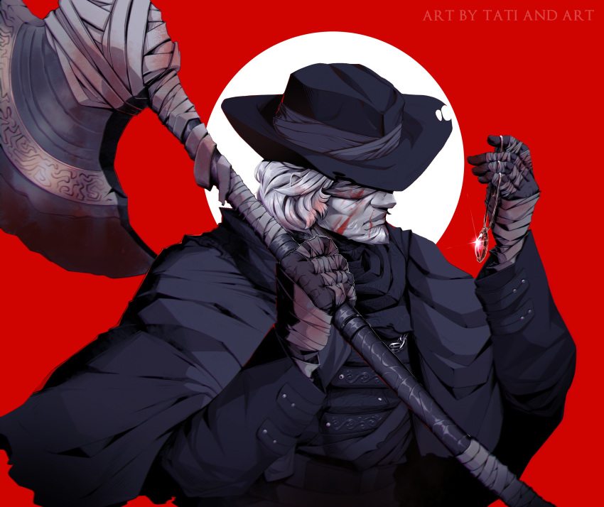 1boy, absurdres, artist_name, axe, bandaged_arm, bandaged_hand, bandages, beard