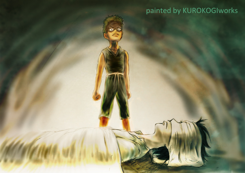 1boy, 1girl, aged_down, artist_name, bed_sheet, black_hair, clenched_hand, closed_mouth